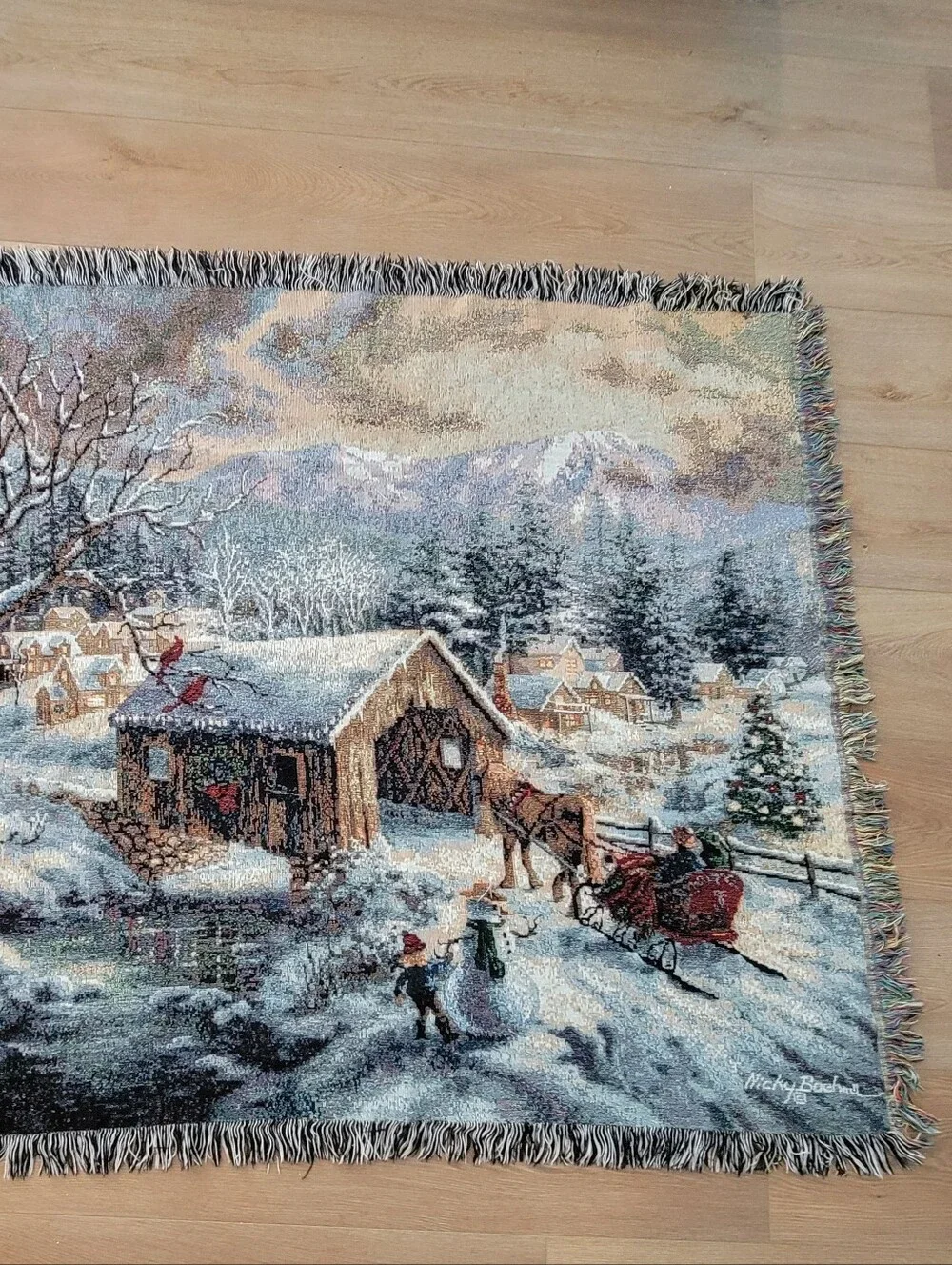 Nicky Boehme Covered Bridge Christmas Woven Tapestry Sleigh Ride Throw Blanket
